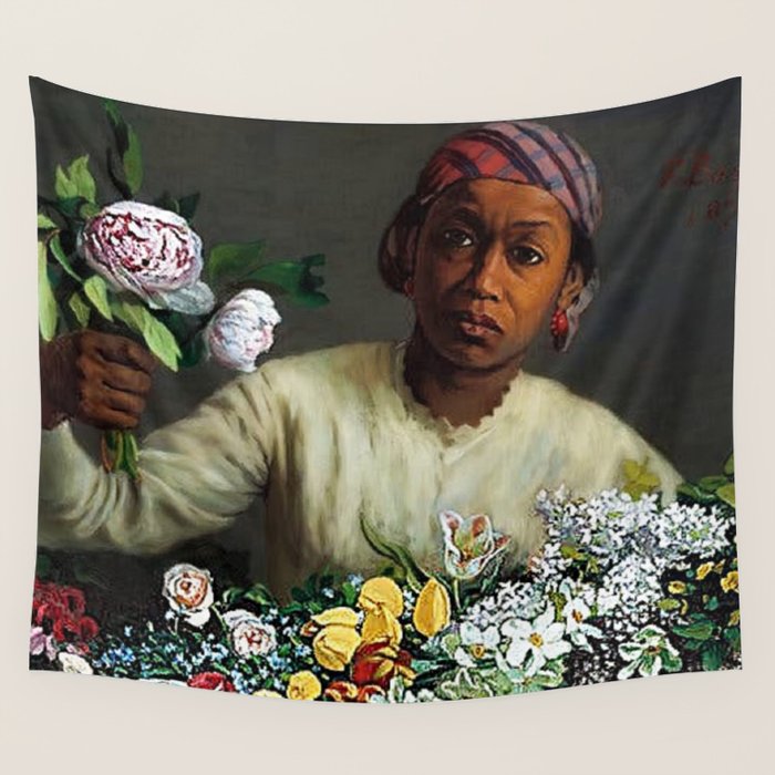 African American Masterpiece 'Young Woman with Peonies' by Frederic Bazille Wall Tapestry Gallery Image 4