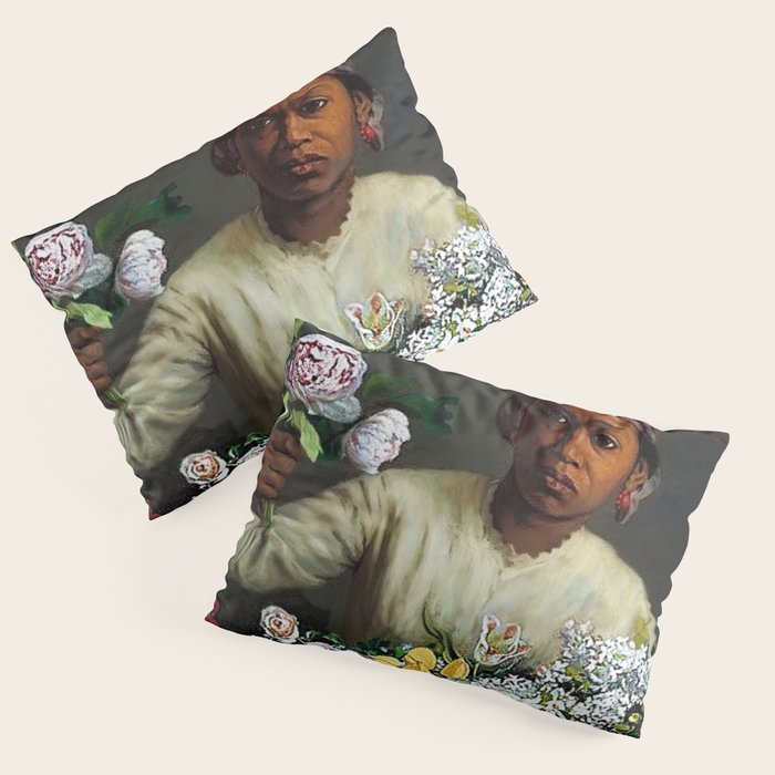 African American Masterpiece 'Young Woman with Peonies' by Frederic Bazille Pillow Sham Gallery Image 3