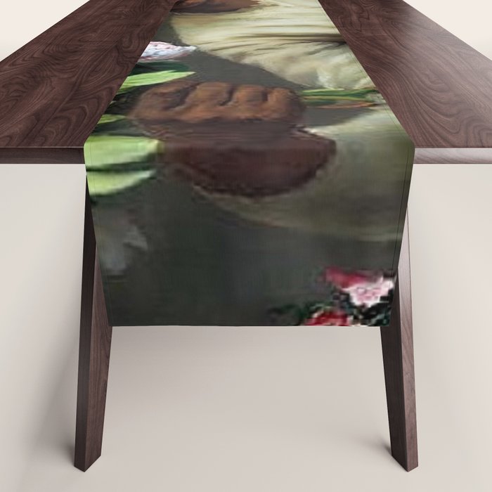 African American Masterpiece 'Young Woman with Peonies' by Frederic Bazille Table Runner Gallery Image 1