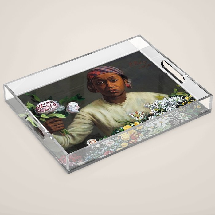 African American Masterpiece 'Young Woman with Peonies' by Frederic Bazille Acrylic Tray Gallery Image 1