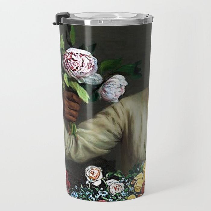 African American Masterpiece 'Young Woman with Peonies' by Frederic Bazille Travel Mug Gallery Image 3