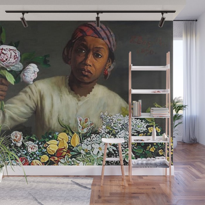 African American Masterpiece 'Young Woman with Peonies' by Frederic Bazille Wall Mural Gallery Image 1
