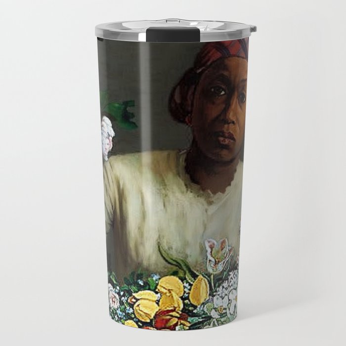African American Masterpiece 'Young Woman with Peonies' by Frederic Bazille Travel Mug Gallery Image 1