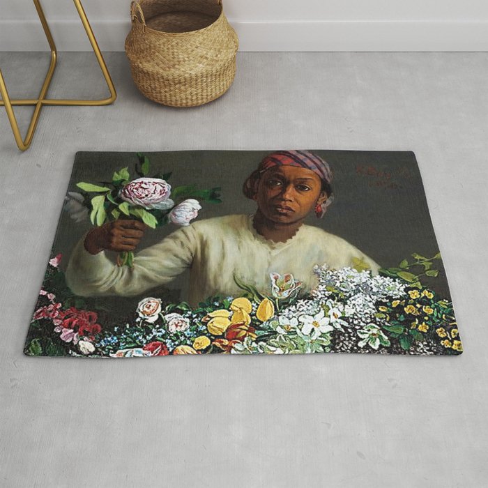 African American Masterpiece 'Young Woman with Peonies' by Frederic Bazille Rug Gallery Image 1
