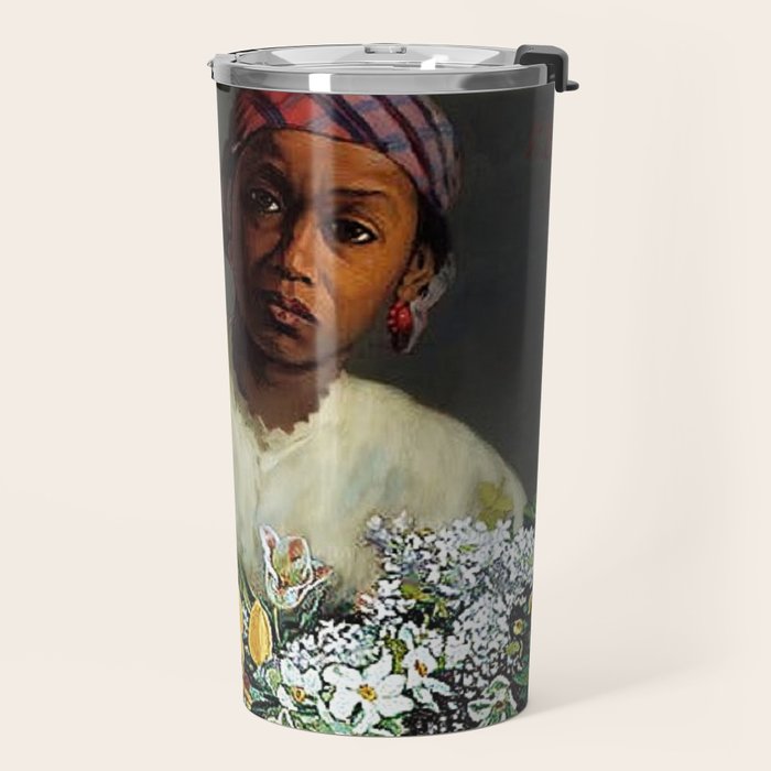 African American Masterpiece 'Young Woman with Peonies' by Frederic Bazille Travel Mug Gallery Image 2
