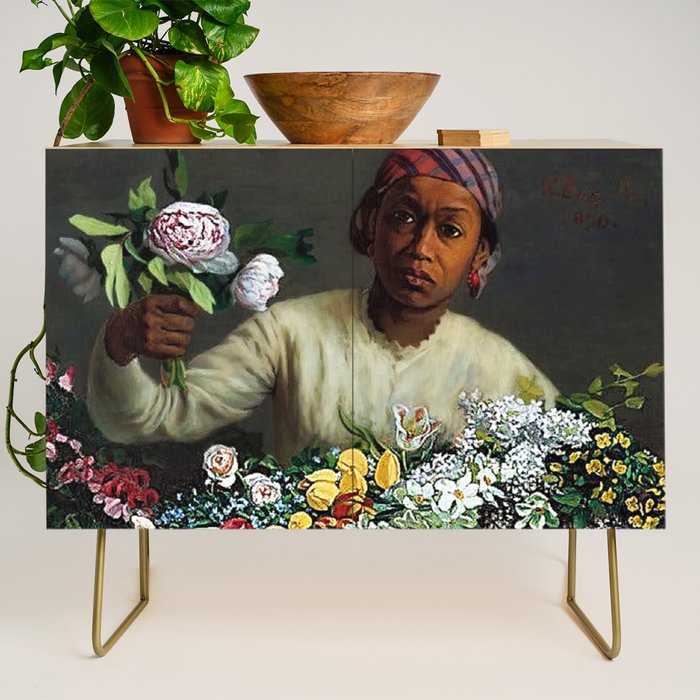 African American Masterpiece 'Young Woman with Peonies' by Frederic Bazille Credenza Gallery Image 1