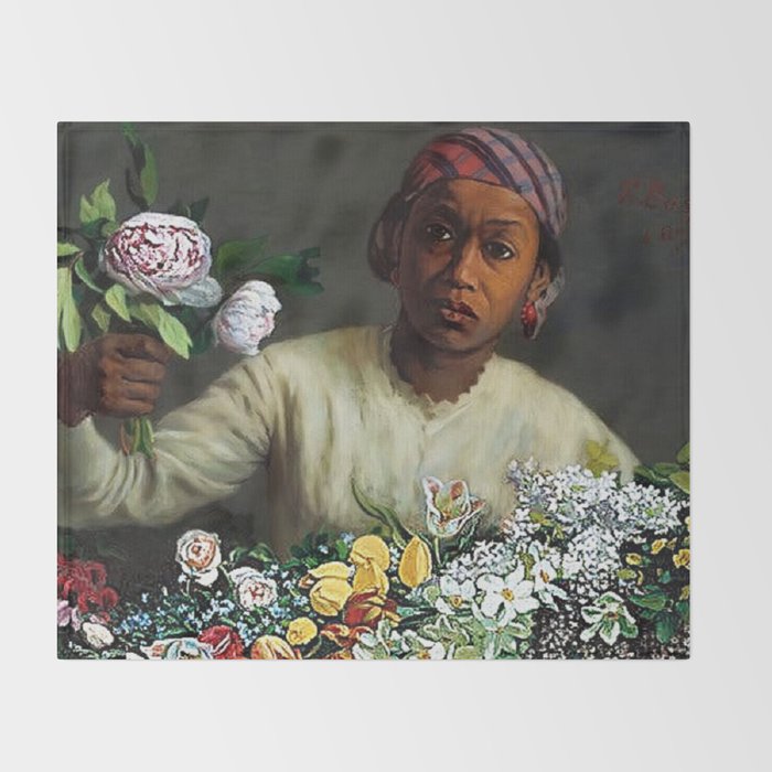 African American Masterpiece 'Young Woman with Peonies' by Frederic Bazille Throw Blanket Gallery Image 2