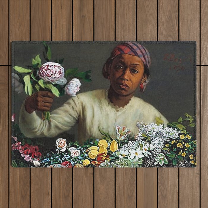 African American Masterpiece 'Young Woman with Peonies' by Frederic Bazille Outdoor Rug Gallery Image 1