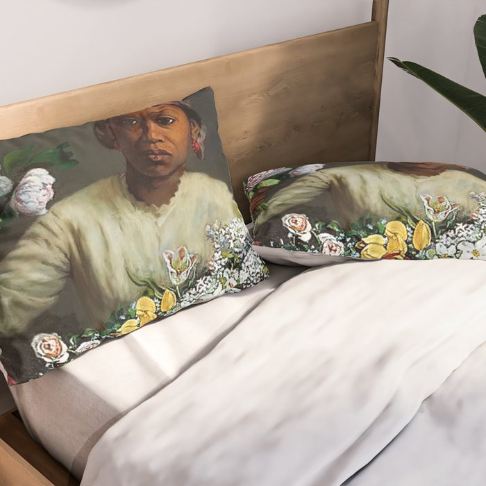African American Masterpiece 'Young Woman with Peonies' by Frederic Bazille Pillow Sham Gallery Image 2