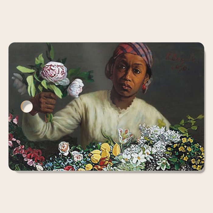 African American Masterpiece 'Young Woman with Peonies' by Frederic Bazille Cutting Board Gallery Image 1