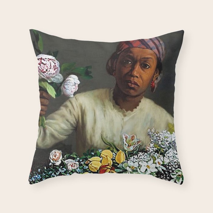 African American Masterpiece 'Young Woman with Peonies' by Frederic Bazille Throw Pillow Gallery Image 6