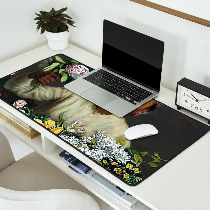 African American Masterpiece 'Young Woman with Peonies' by Frederic Bazille Desk Mat Gallery Image 2