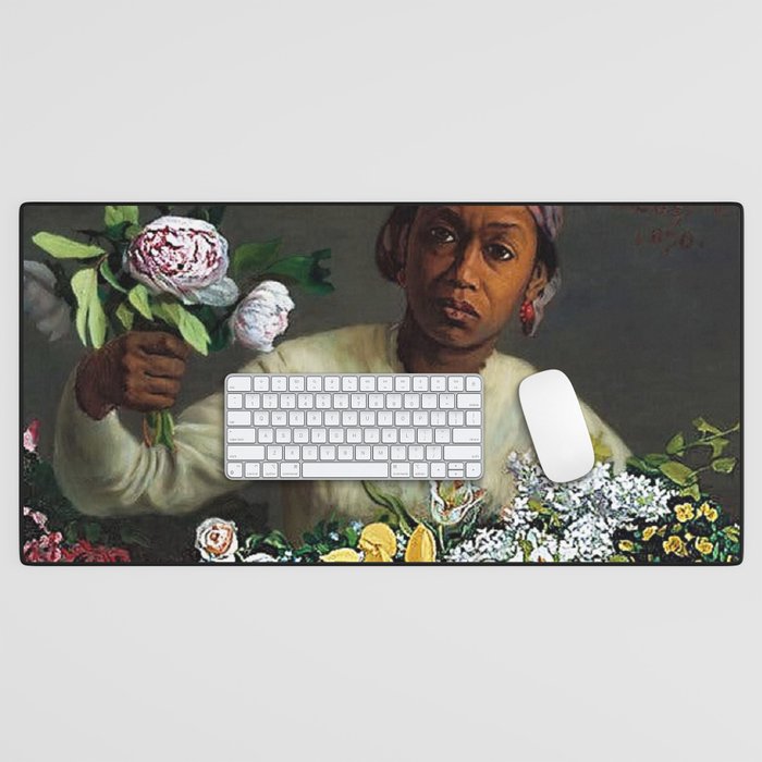 African American Masterpiece 'Young Woman with Peonies' by Frederic Bazille Desk Mat Gallery Image 1