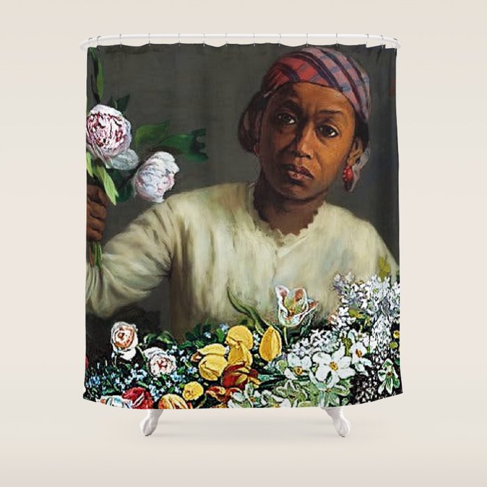 African American Masterpiece 'Young Woman with Peonies' by Frederic Bazille Shower Curtain Gallery Image 1