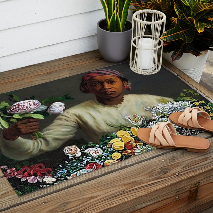 African American Masterpiece 'Young Woman with Peonies' by Frederic Bazille Outdoor Rug Gallery Image 2