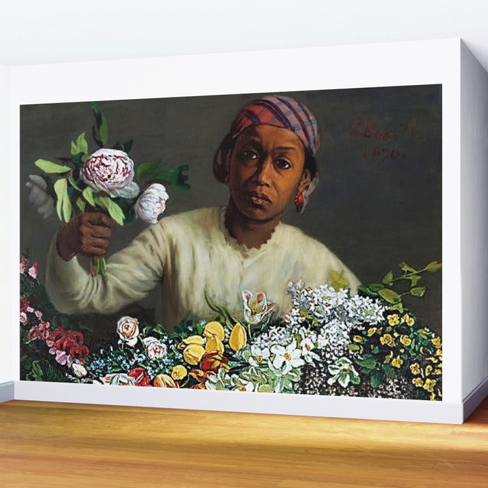 African American Masterpiece 'Young Woman with Peonies' by Frederic Bazille Wall Mural Gallery Image 2