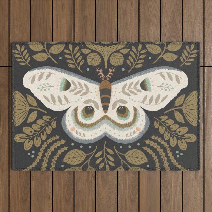 Folk Art Moth - Black Outdoor Rug Gallery Image 1