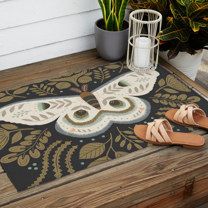 Folk Art Moth - Black Outdoor Rug Gallery Image 2
