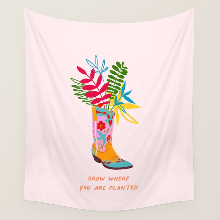 Grow where you are planted - Cowboy boot with Foliage Wall Tapestry Gallery Image 1