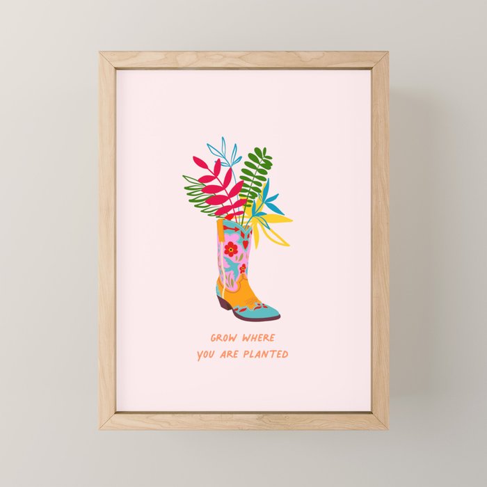 Grow where you are planted - Cowboy boot with Foliage Mini Art Print Gallery Image 1