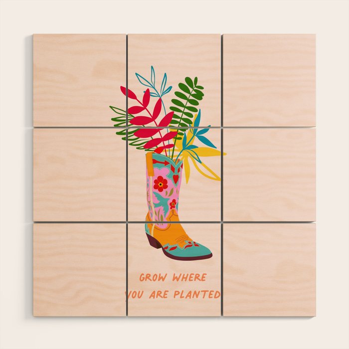 Grow where you are planted - Cowboy boot with Foliage Wood Wall Art Gallery Image 1