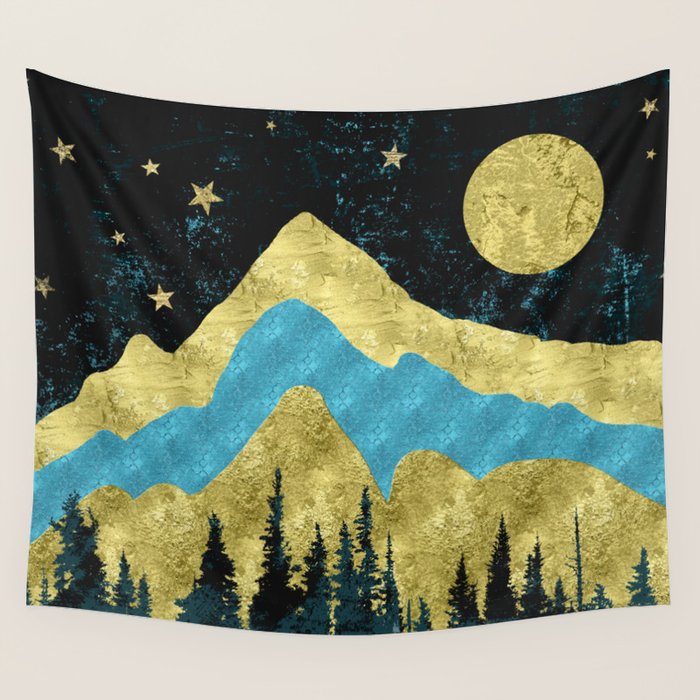 Mountain Adventure Gold Teal  Wall Tapestry Gallery Image 1