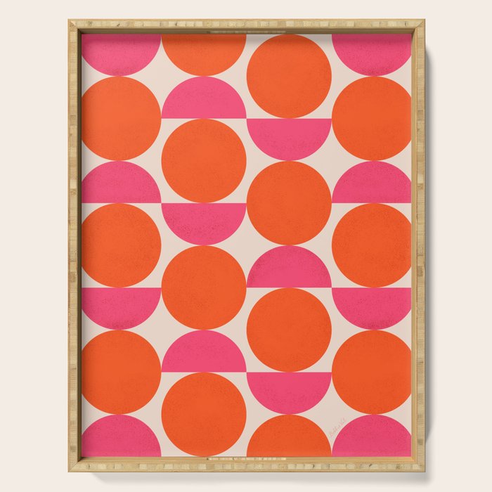 Vintage Mid-century Modern Abstract Geometric Balancing Shapes in Bright Bold Vibrant Fuchsia Pink and Hot Tangerine Orange Serving Tray Gallery Image 1