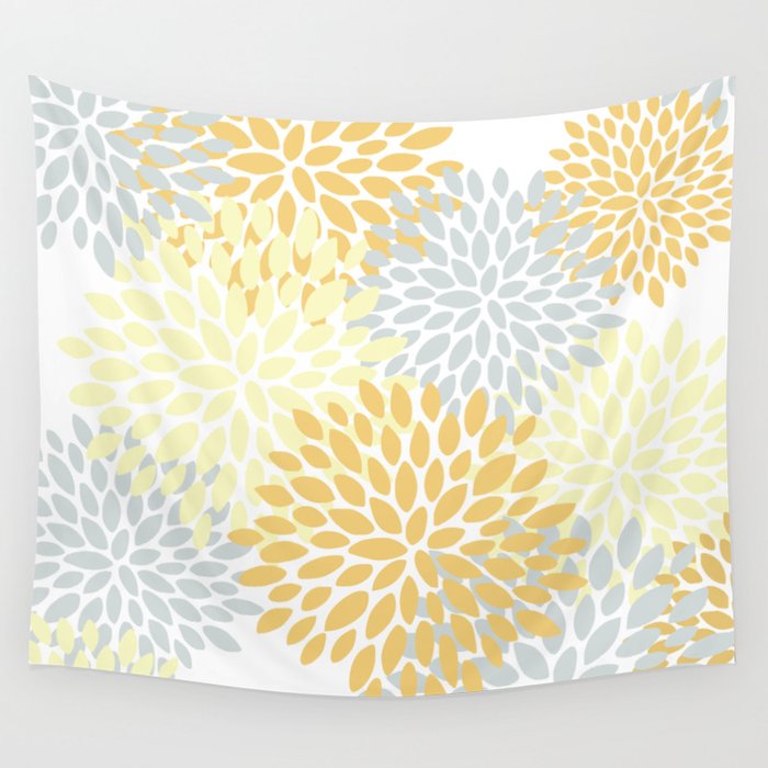 Floral Blooms, Yellow, Gray and White Wall Tapestry Gallery Image 1