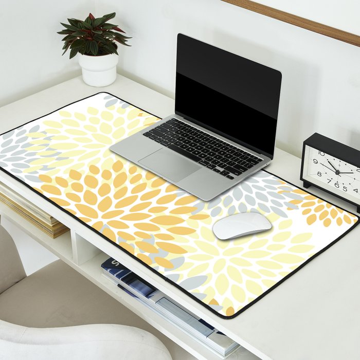 Floral Blooms, Yellow, Gray and White Desk Mat Gallery Image 2