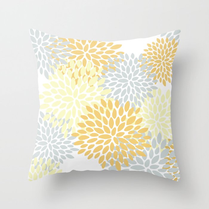 Floral Blooms, Yellow, Gray and White Throw Pillow Gallery Image 6