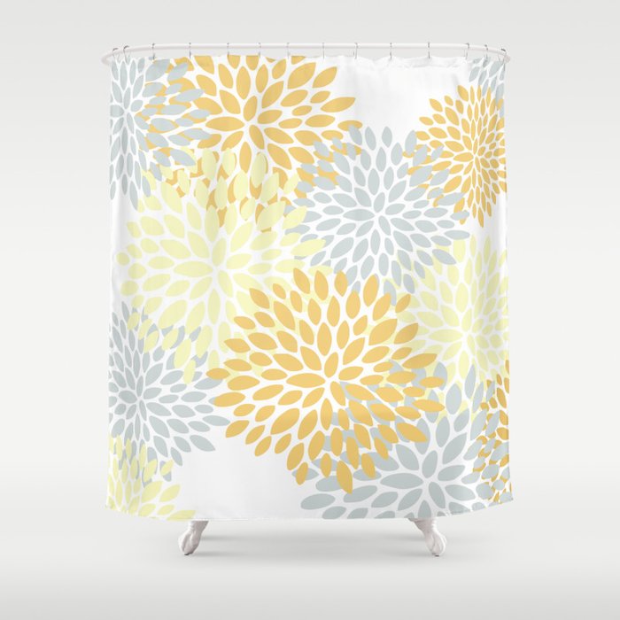 Floral Blooms, Yellow, Gray and White Shower Curtain Gallery Image 1