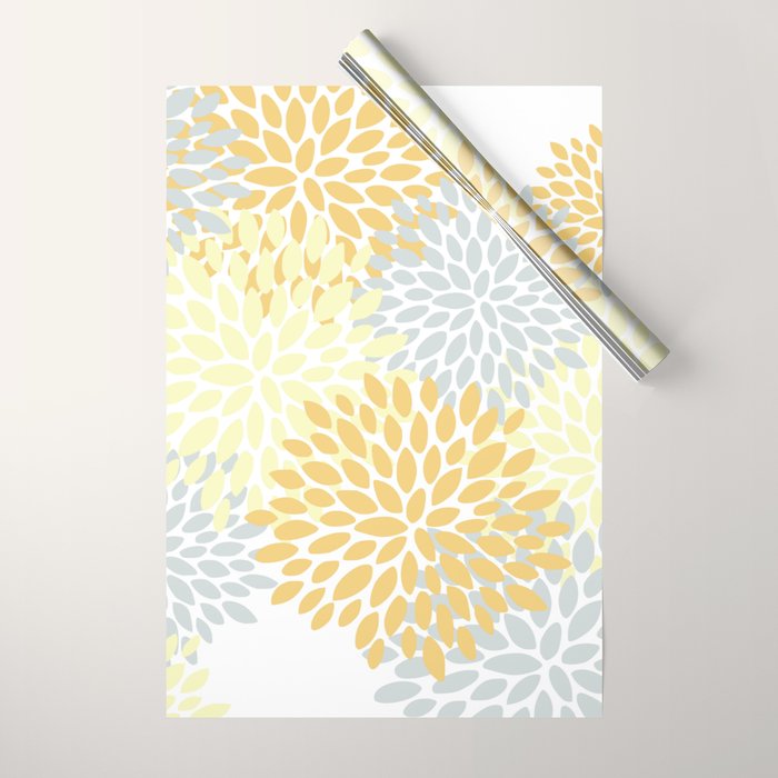 Floral Blooms, Yellow, Gray and White Wrapping Paper Gallery Image 1