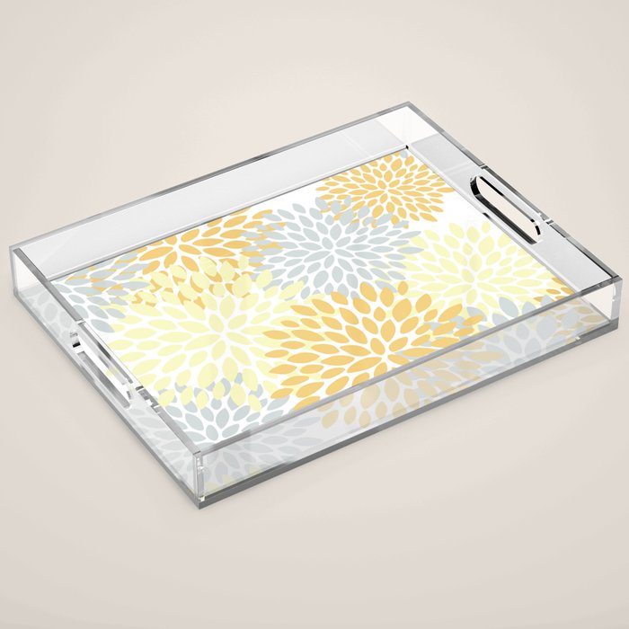 Floral Blooms, Yellow, Gray and White Acrylic Tray Gallery Image 1