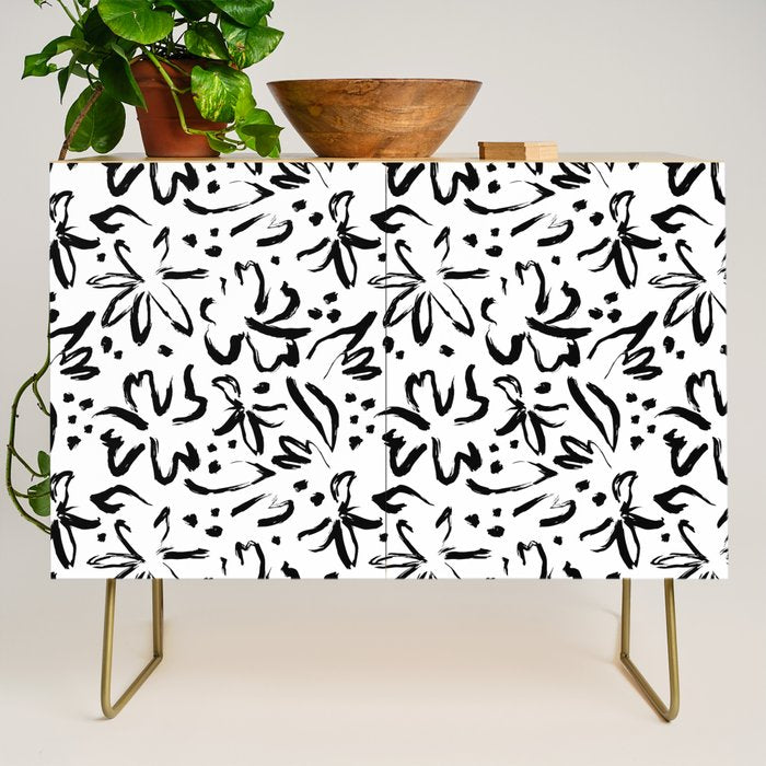 Black abstract flower art pattern Credenza Gallery Image 1
