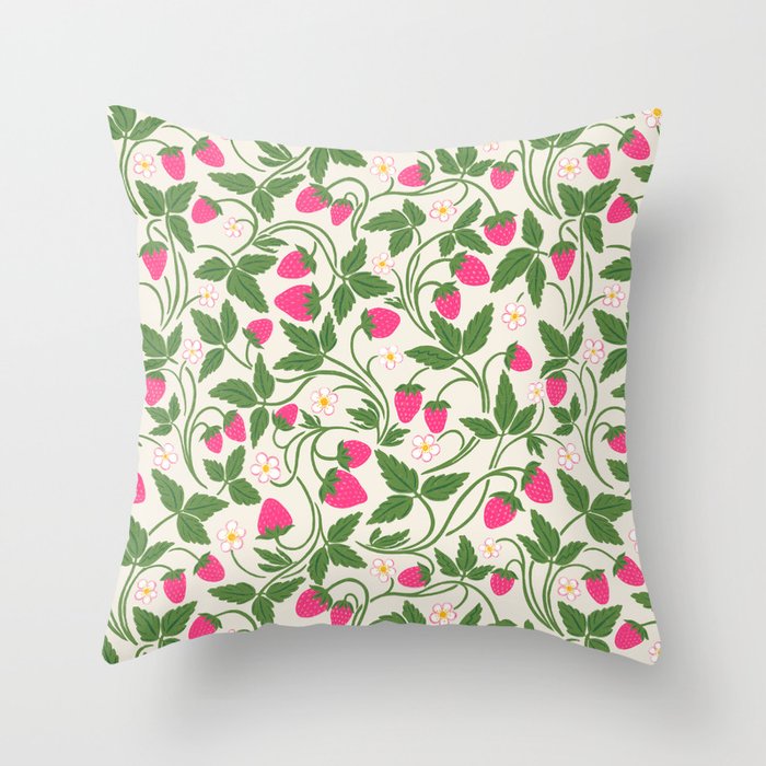 Strawberries - pink and green on alabaster Throw Pillow Gallery Image 1