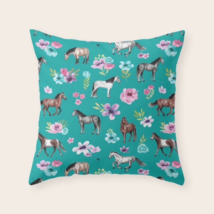 Horses and Flowers, Turquoise, Horse Decor, Horse Art, Western Decor Throw Pillow Gallery Image 6