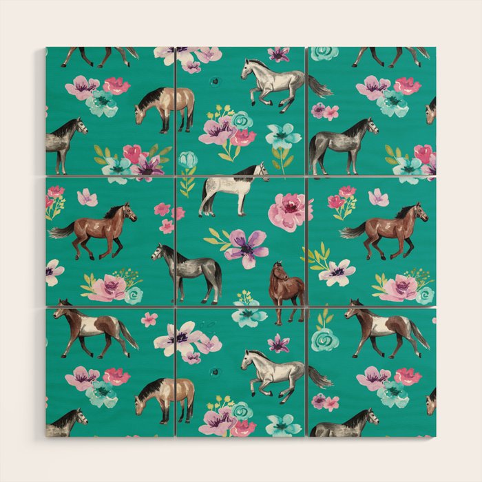 Horses and Flowers, Turquoise, Horse Decor, Horse Art, Western Decor Wood Wall Art Gallery Image 1