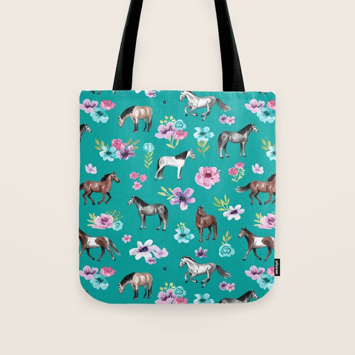 Horses and Flowers, Turquoise, Horse Decor, Horse Art, Western Decor Tote Bag Gallery Image 1