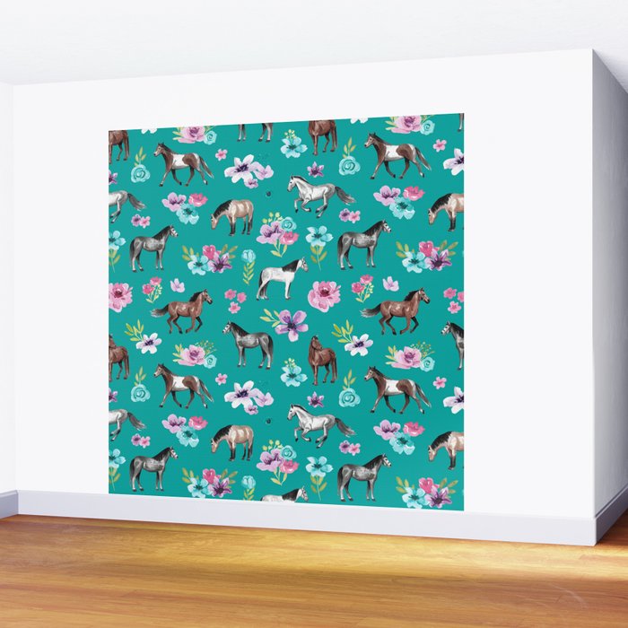 Horses and Flowers, Turquoise, Horse Decor, Horse Art, Western Decor Wall Mural Gallery Image 2