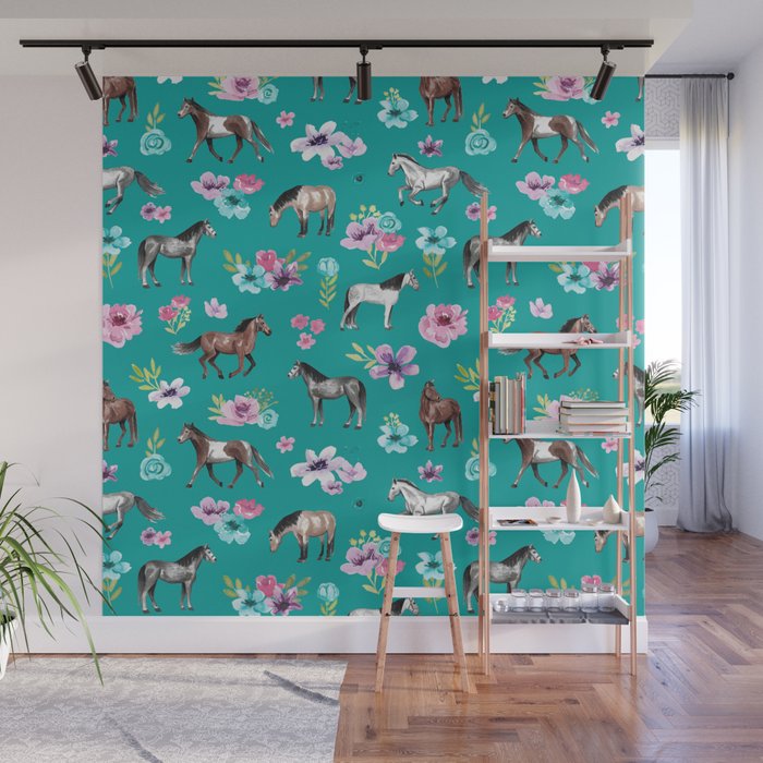Horses and Flowers, Turquoise, Horse Decor, Horse Art, Western Decor Wall Mural Gallery Image 1