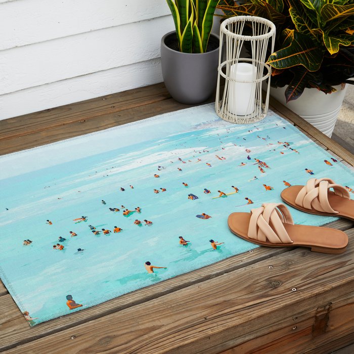 Hot Summer Day | Beachy Watercolor Painting | Ocean Sea Surf Swim | Vacation Travel Staycation Waves Outdoor Rug Gallery Image 2