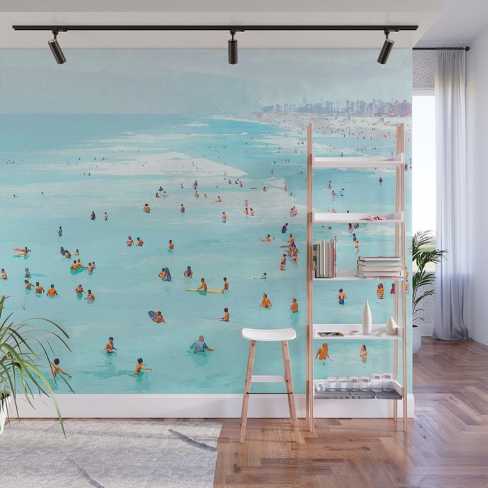Hot Summer Day | Beachy Watercolor Painting | Ocean Sea Surf Swim | Vacation Travel Staycation Waves Wall Mural Gallery Image 1