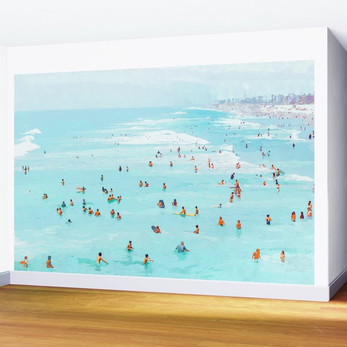 Hot Summer Day | Beachy Watercolor Painting | Ocean Sea Surf Swim | Vacation Travel Staycation Waves Wall Mural Gallery Image 2