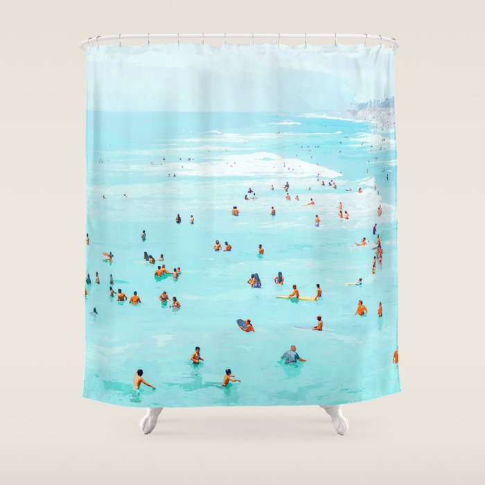 Hot Summer Day | Beachy Watercolor Painting | Ocean Sea Surf Swim | Vacation Travel Staycation Waves Shower Curtain Gallery Image 1