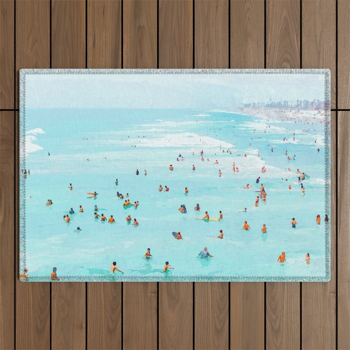Hot Summer Day | Beachy Watercolor Painting | Ocean Sea Surf Swim | Vacation Travel Staycation Waves Outdoor Rug Gallery Image 1