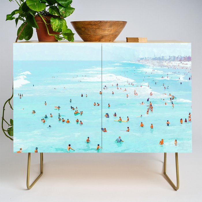 Hot Summer Day | Beachy Watercolor Painting | Ocean Sea Surf Swim | Vacation Travel Staycation Waves Credenza Gallery Image 1