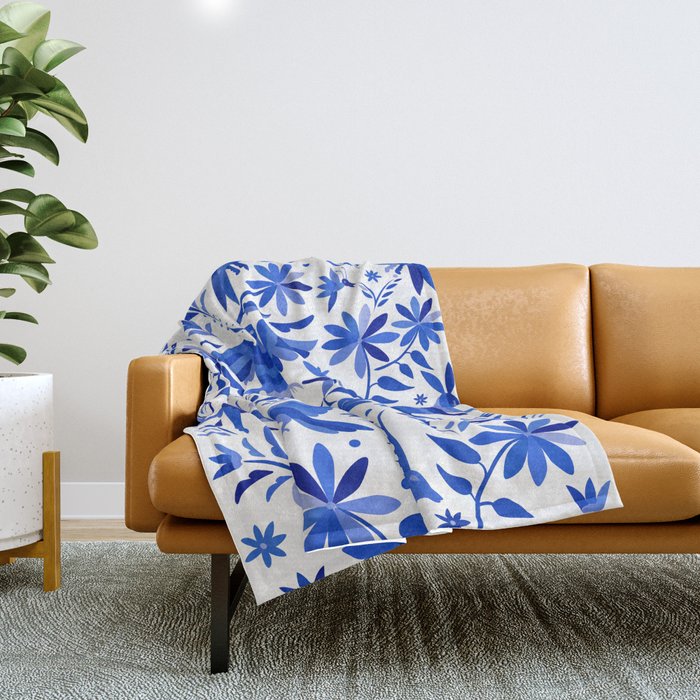 Mexican Otomí Design in Deep Blue by Akbaly Throw Blanket Gallery Image 1