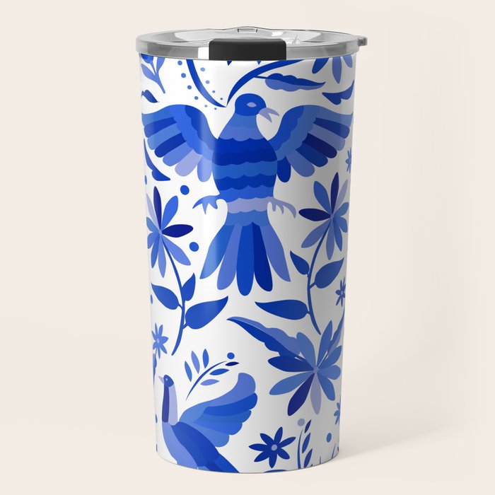 Mexican Otomí Design in Deep Blue by Akbaly Travel Mug Gallery Image 1