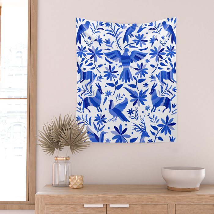Mexican Otomí Design in Deep Blue by Akbaly Wall Tapestry Gallery Image 2