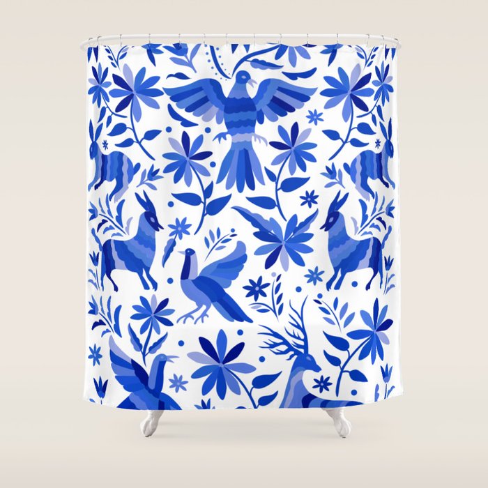 Mexican Otomí Design in Deep Blue by Akbaly Shower Curtain Gallery Image 1